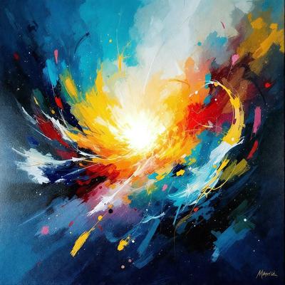 The primary subject of the image is a vibrant and colorful painting featuring a sun. The painting is set against a blue background, which adds to the overall atmosphere. The visual style of the painting is a mix of digital art and illustration, creating a dynamic and engaging scene. The dominant colors in the painting are yellow, blue, and red, which contribute to the lively and energetic mood of the artwork.